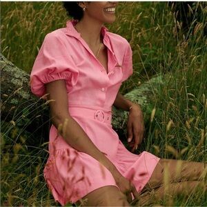 S/W/F Anthropologie Violetta Med Pink Button Linen Mini Belted Shirt Dress